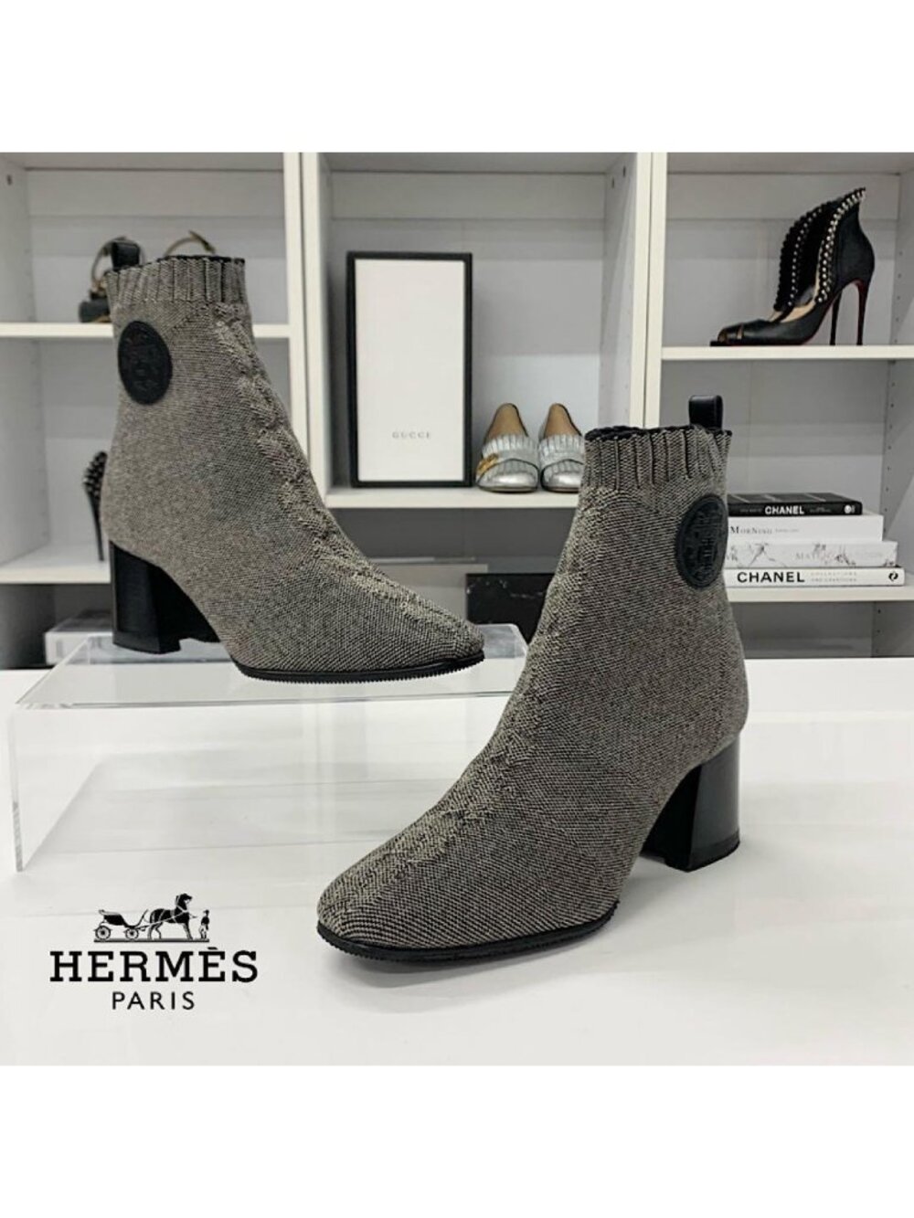 Hermes Volver 60 Knit Leather Ex-Libris Short Boots Sweater